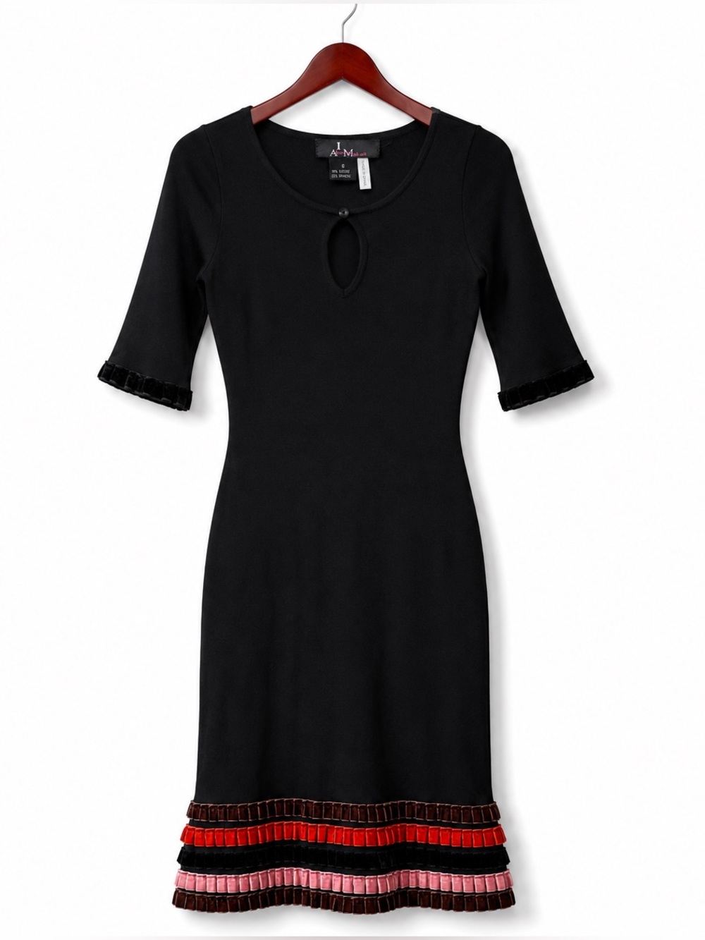 Alberto Makali Black Velvet Trim Knit Midi Dress Keyhole Neck Small